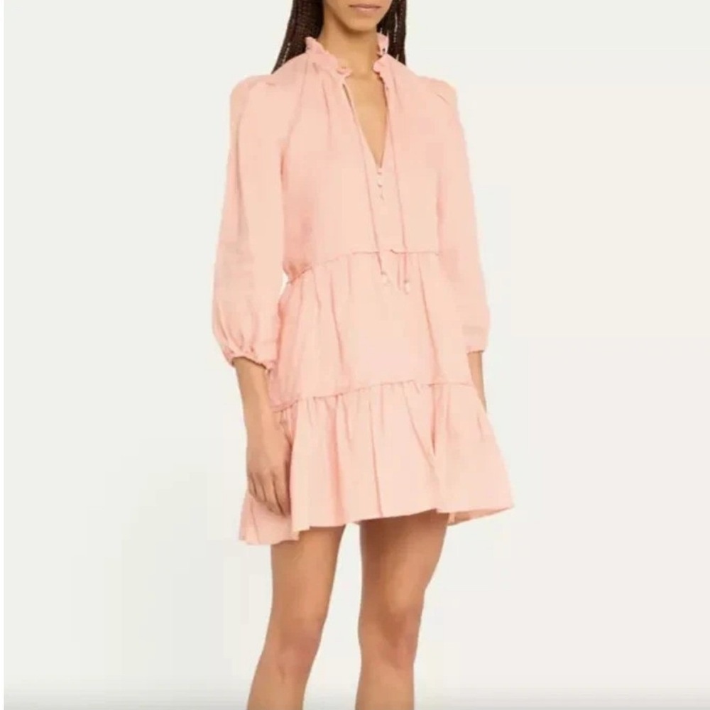 Veronica Beard Mini Dress Womens 8 Hawken Linen Tiered Ruffle Neck Peach Pearls